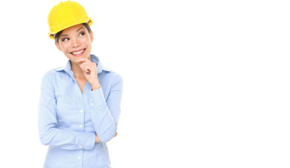 Engineer entrepreneur or architect woman thinking looking up and showing copy space. Young female mixed race professional isolated on transparent background in PNG cutout