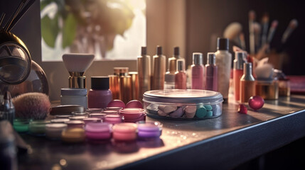 cosmetic branding, girly and glamour concept - close up of make-up products on dressing vanity table at home.generative ai