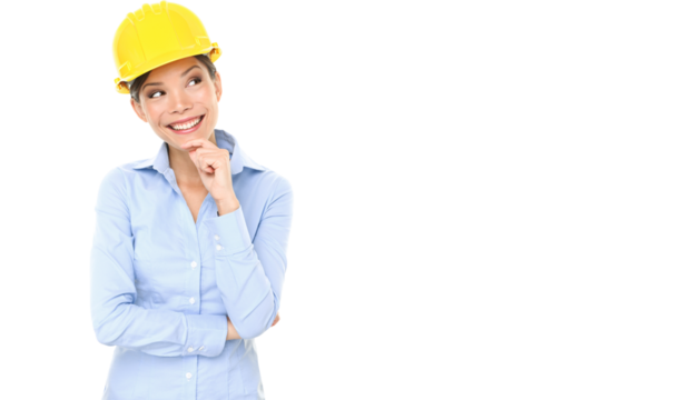 Engineer entrepreneur or architect woman thinking looking up and showing copy space. Young female mixed race professional isolated on transparent background in PNG cutout