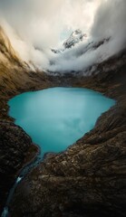 Vertical shot of a clear blue lake surrounded by the mountains and clouds during the daytime