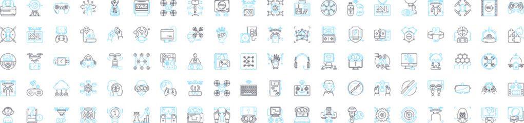 Virtual technology vector line icons set. Virtual, Technology, Cloud, Automation, Augmented, Networking, Simulation illustration outline concept symbols and signs