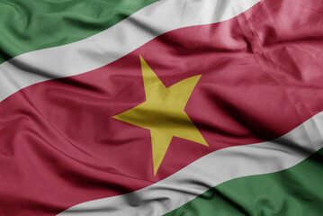waving national flag of suriname .macro shot. 3D illustration