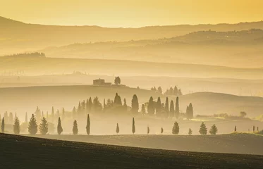 Fotobehang Toscane Beautiful landscape of Val d'Orcia at sunset with a yellow sky in the background, Tuscany, Italy  © Steeves Broillet/Wirestock Creators