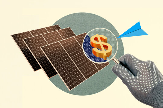 Men hand Use a magnifying glass to look to US dollars symbol in solar panels.Value and investment for the environment. Abstract art collage.
