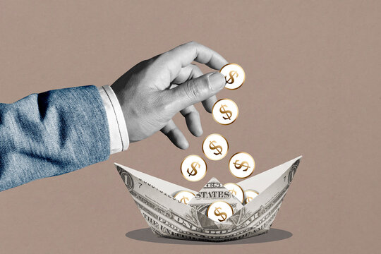 Wealthy businessman throws Us Dollar coins into paper boat. Abstract art collage.