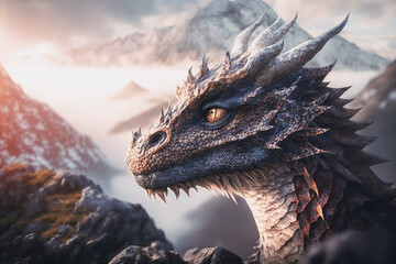 Mythical dragon sitting on the rock and looking over the mountain landscape covered with fog and clouds. Generative AI