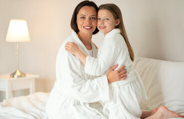 Beauty care at home together. Glad caucasian teen girl hugging young lady in bathrobe sit on white soft bed