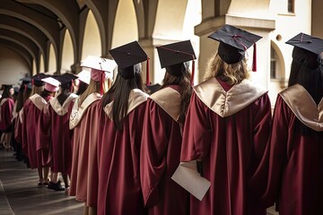 Back view of graduates in mortar boards and bachelor gowns on graduation ceremony at the university. Successful graduation from college or high school. Created with Generative AI