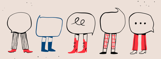 Fototapeta na wymiar Various Speech Bubbles with legs. Advertising, message, fashion, texting, meeting concept. Cartoon style. Cute isolated characters with speech bubbles instead of bodies. Hand drawn Vector illustration