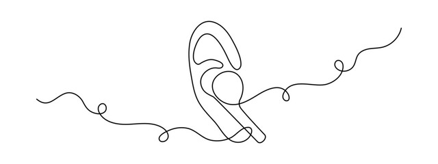 Ear with wireless earphone one-line art,hand drawn hearing gadget continuous contour,listening audio headset concept,world deaf day decoration.Editable stroke.Isolated.Vector illustration
