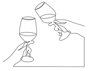 Hands hold wine clinking glass one line art,continuous drawing contour.Cheers toast festive hand drawn decoration for holidays,romantic Valentine's Day design.Editable stroke. Isolated.Vector