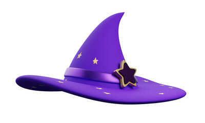 Lilac wizard hat with golden star isolated on white background. 3d rendering   