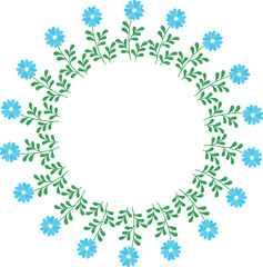 Decorative wreath of abstract blue flowers. Hand drawn decorative floral frame isolated on white background. Vector illustration