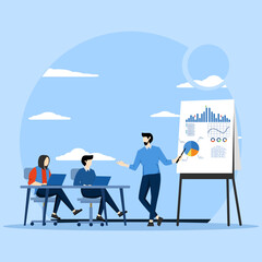 Fototapeta na wymiar Business presentation vector people, business people presenting charts and graphs to colleagues. Results and data concept. Coach giving presentation to client, vector flat design illustration.