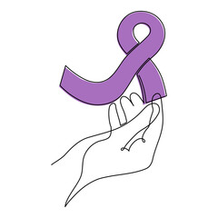 Hand with ribbon, world cancer day concept one-line art,fight against oncological disease hand drawn continuous contour,support and help decoration.Editable stroke.Isolated.Vector illustration