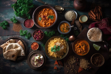 top view of Assorted indian food on dark wooden background. 