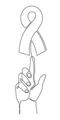 Hand with ribbon, world cancer day concept one-line art,fight against oncological disease hand drawn continuous contour,support and help decoration.Editable stroke.Isolated.Vector illustration