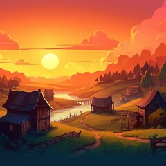Sunset landscape and village
