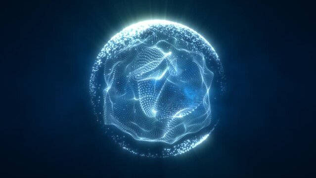 Abstract blue looped energy sphere from particles and waves of magical glowing on a dark background, video 4k, 60 fps