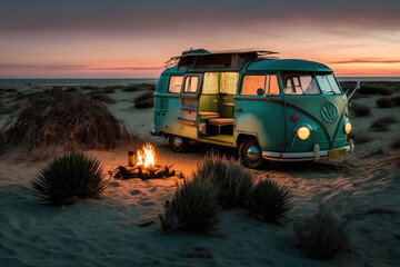 Green California caravan parked on the beach in the blue hour at night next to a campfire. Night shot. Summer. Generative AI.