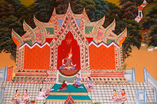 Fresco in Wat Ampharam, Hua Hin, Thailand. Vidhura-Pandita Jataka, one of the Buddha's former lives.