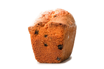A cupcake with raisins isoalted on a white background.