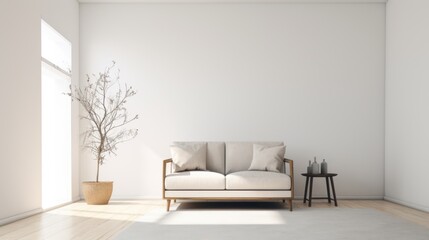 Fototapeta na wymiar modern white minimalist living room with sofa, Generative AI