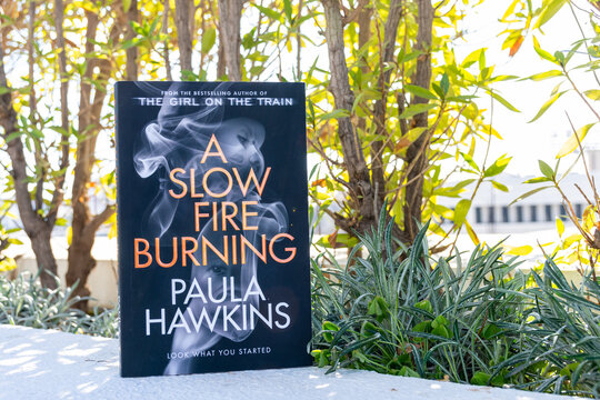 Close Up Paula Hawkins's A Slow Fire Burning Novel In The Garden.