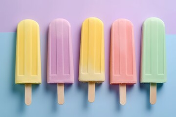 Fototapeta premium Ice cream popsicle treats on a colorful pastel background. Generative AI