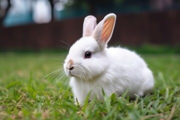 Fototapeta premium Adorable white rabbit on a green grass. Easter concept. Generative AI