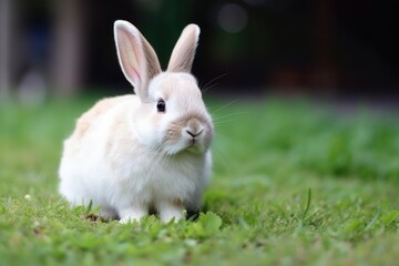 Adorable white rabbit on a green grass. Easter concept. Generative AI