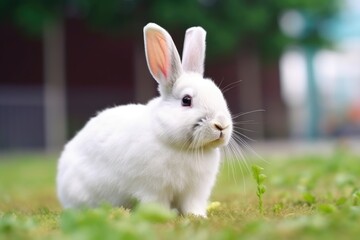 Fototapeta premium Adorable white rabbit on a green grass. Easter concept. Generative AI
