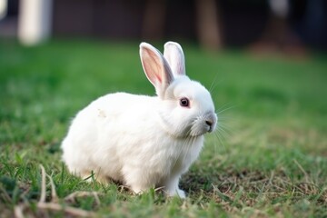 Fototapeta premium Adorable white rabbit on a green grass. Easter concept. Generative AI