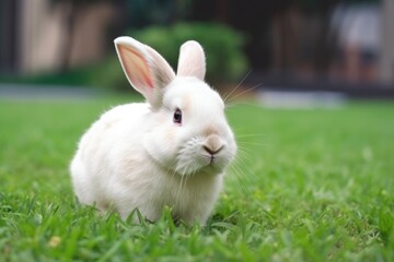 Fototapeta premium Adorable white rabbit on a green grass. Easter concept. Generative AI