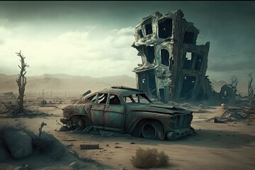 abandoned car in the desert. Generative AI.