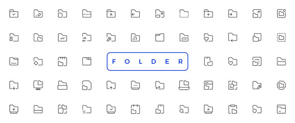 Folders flat line icons set. File catalog, document search, folder synchronization, local network vector illustrations. Outline minimal signs for web site