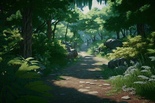 a quiet forest path captured from a low angle. Generative AI.