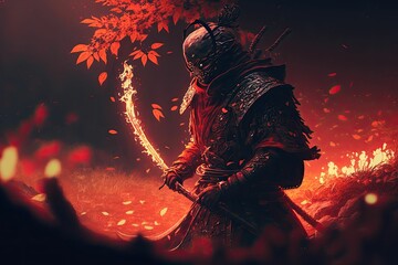 A samurai in a demonic red mask. Generative AI.