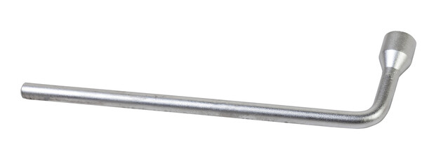 Tool kit for replacing a spare wheel on a white isolated background, close-up in a workshop. Automotive goods and equipment for tire fitting.