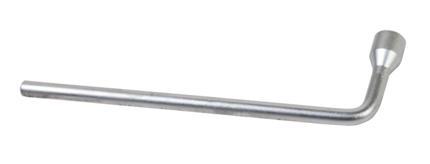 Tool kit for replacing a spare wheel on a white isolated background, close-up in a workshop. Automotive goods and equipment for tire fitting.