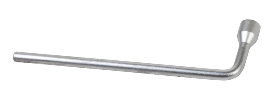 Tool kit for replacing a spare wheel on a white isolated background, close-up in a workshop. Automotive goods and equipment for tire fitting.