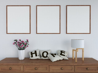 Mock-up poster frame close-up in living room interior, American style, 3d render
