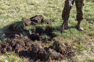 Man digs a planting hole for a tree planting, a soil heap on the lawn, early spring, nature, environment and ecology concept.