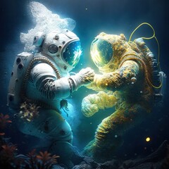 astronauts fighting inside an ocean