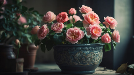 Obraz na płótnie Canvas Pink roses in a vase on the windowsill. .generative ai