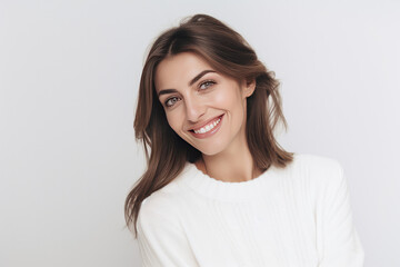Obraz premium Woman smiling in a white sweater on a white background. Generative AI