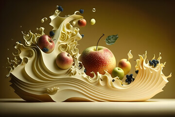 Apple in a milk splash.  Fruits in milk splash. Fractal waves. Abstract background. Food design. Generative AI technology.. Generative AI technology.