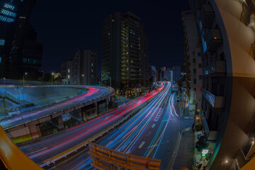 A night traffic jam at Yamate avenue in Tokyo fish-eye shot