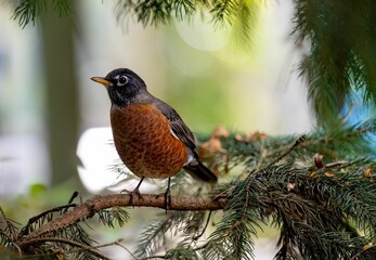 Naklejka premium Selective focus of an American robin perching on a tree branch with blurred background