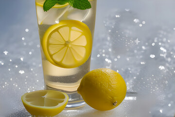 Lemoniada z cytryną i lodem, mięta . Ilustracja wygenerowana przy użyciu AI - obrazy, fototapety, plakaty